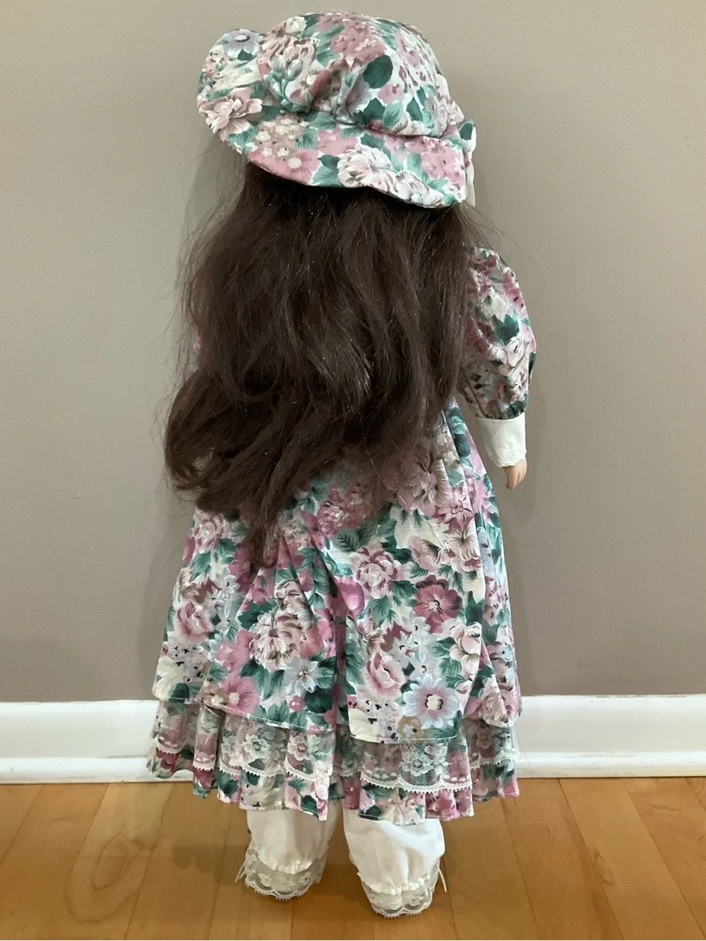 Vintage-Style Floral Porcelain Doll in Pink and Green Dress